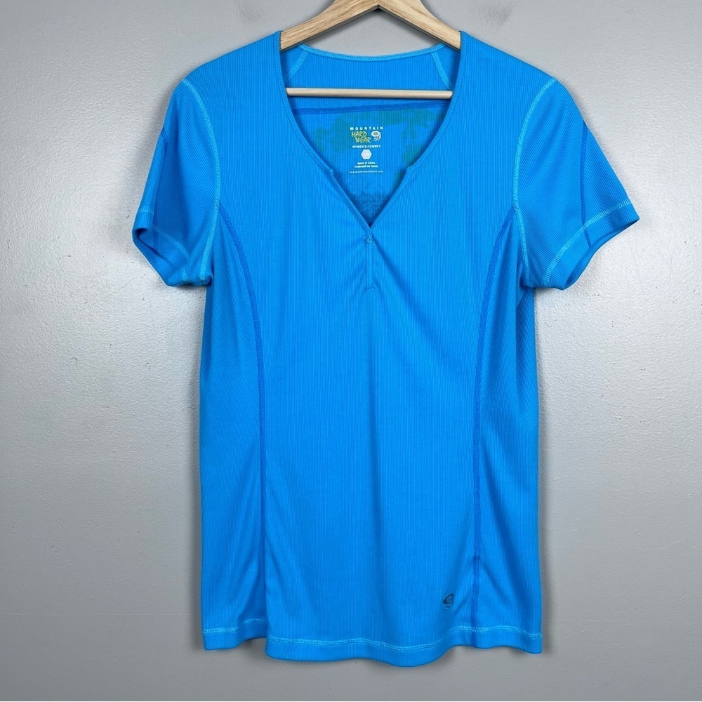 Mountain Hardwear Women's Blue Ribbed V-Neck Performance T-Shirt Size L; Outdoor
